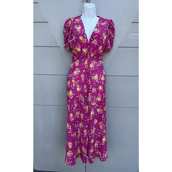 Saloni Lea Silk Pink Floral Button-Front Midi Dress Puff Sleeves US 0 Feminine - Picture 4 of 16